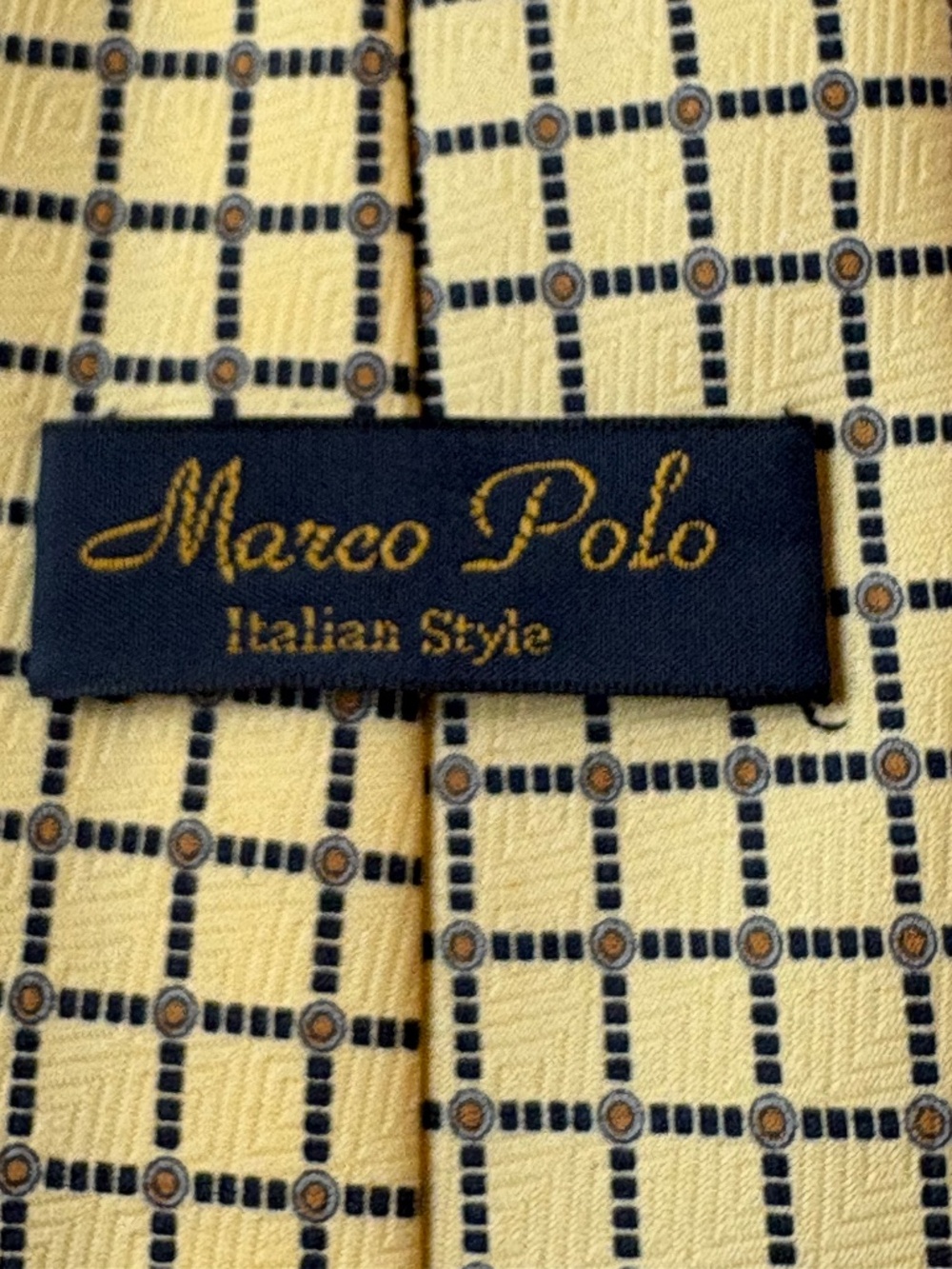 Marco Polo Italian Style Vintage Yellow Geometric Grid Silk Tie 3.75” Wide